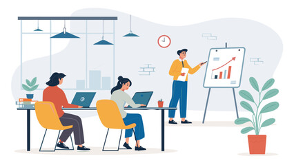 Teamwork and Business Presentation:  Illustration perfect for landing pages, brochures, and marketing materials.