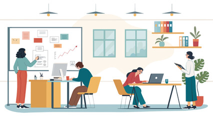 Modern office illustration: Diverse team collaborating on a project, perfect for website banners or business presentations.