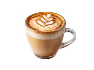 Frothy latte with delicate leaf art and cinnamon dusting coffee beverage, Isolated, Transparent Png