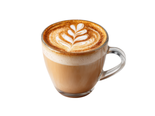 Frothy latte with delicate leaf art and cinnamon dusting coffee beverage, Isolated, Transparent Png