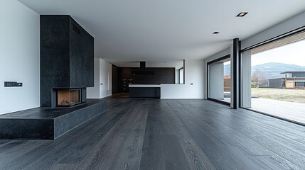 Fototapeta premium Modern open-plan kitchen-living area with fireplace