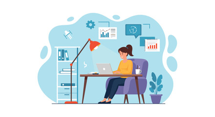 Happy woman working from home on laptop, perfect for website banners or blog posts about remote work.