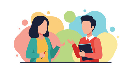 Two colleagues having a discussion, perfect for illustrating teamwork and collaboration on websites or presentations.