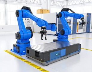 Industrial robots working in a modern factory. Two blue robotic arms manipulate objects on a mobile platform within a sterile, bright factory environment