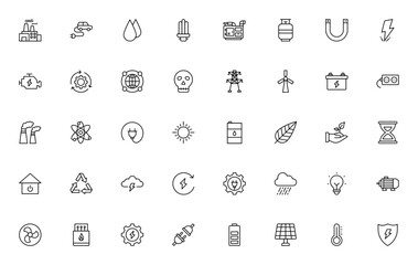 Energy icon set. Modern vector symbols pack. Includes factory, electric car, windmill, solar panel, atom, plug, battery, bulb, generator, thunder, recycle and more. Editable stroke.