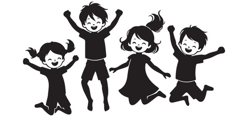 Happy Children Jumping Black and White Vector Illustration