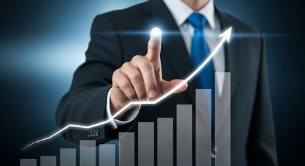 Achieve impressive business growth with this graph showing upward trend and a businessman's touch