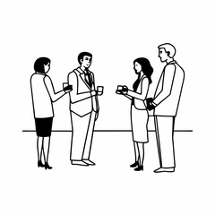 Outline illustration of people in formal attire exchanging business cards and talking in a networking event, modern style, clean black line drawing