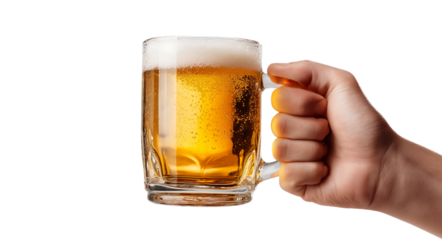 A hand holding a glass of beer