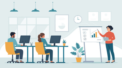 Business presentation:  Team meeting with a woman giving a presentation, perfect for website banners, reports, and presentations.