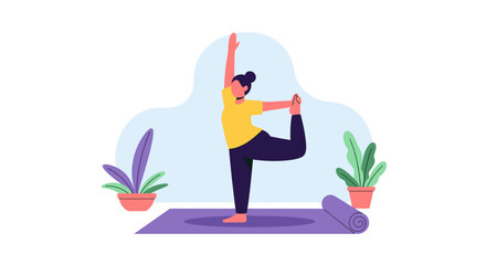Woman practicing yoga at home, perfect for wellness websites or fitness blogs.