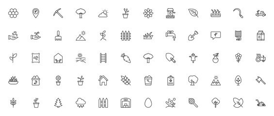 Agriculture icon set. Farm vector illustrations. Includes honeycomb, pickaxe, tractor, greenhouse, scarecrow, water well, seed bag, sickle, and more. Editable stroke.