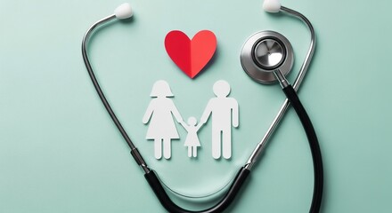 Family health concept with paper family, heart, stethoscope