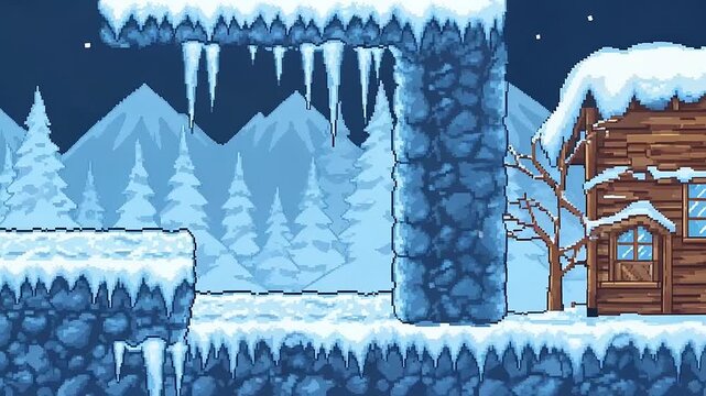 Video Game Animation of Pixel Art Winter Wonderland, Frozen Landscape Game Background. 8 bit 2D Video Game Background. 8-bit Pixel Art Retro Platformer Game Scene. 