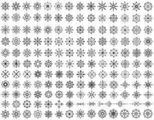 Large collection of intricate, symmetrical snowflake designs