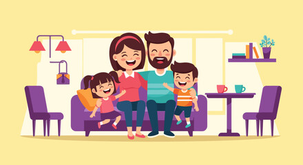 Happy family sitting on a sofa together, perfect for family blogs, websites, or brochures.