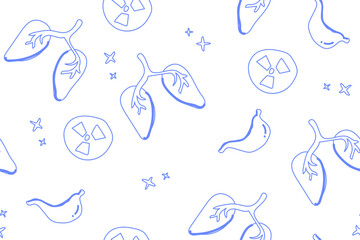 Blue seamless healthcare pattern with organs and xray symbol.