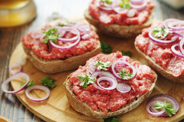 Traditional German sandwiches with minced meat Mettbroetchen	