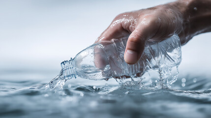A hand is reaching into a bottle of water in the ocean