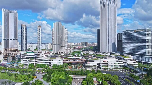 4K real time Aerial view of Shanghai&rsquo;s Qiantan International Business District on sunny day.