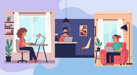 Remote Work Illustration: Diverse Team Working from Home, Perfect for Landing Pages and Brochures