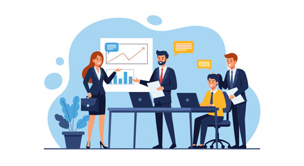 Business team meeting, presenting data and collaborating. Ideal for websites, presentations, and marketing materials.