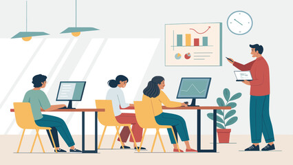 Teamwork, data analysis, and presentation in a modern office setting. Ideal for business reports, websites, and presentations.