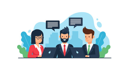 Business team collaboration: Diverse professionals working together on laptops, ideal for website banners or presentations.