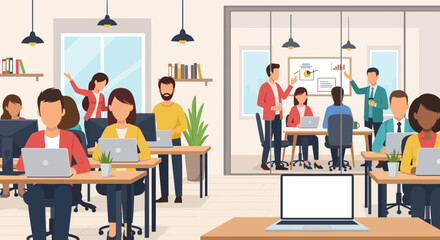 Diverse team working in a modern office, perfect for website banners or brochures.