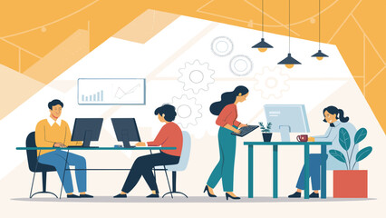 Teamwork in a modern office setting, ideal for website banners or business presentations.