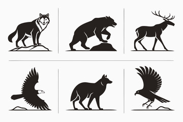 Majestic Wildlife Silhouettes Wolf Bear Elk and Eagle Collection.
