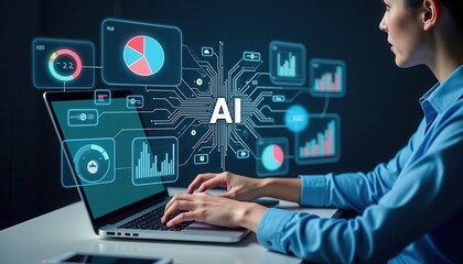 A person works on a laptop surrounded by holographic AI-driven data visualizations, including charts and graphs, highlighting analytics, machine learning, and artificial intelligence technology