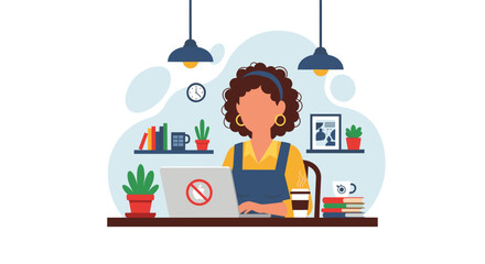 Woman working from home on laptop, flat illustration for blog, website or social media.