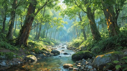 Obraz premium Lush Green Forest Stream with Mossy Rocks and Sunlight