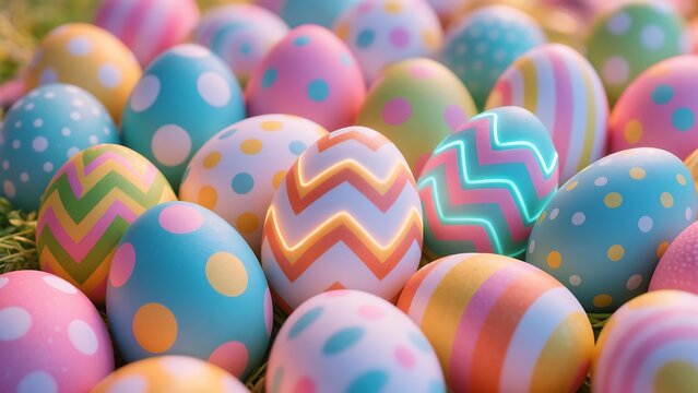 Colorful Easter Eggs with Pastel Patterns Lying on Green Grass