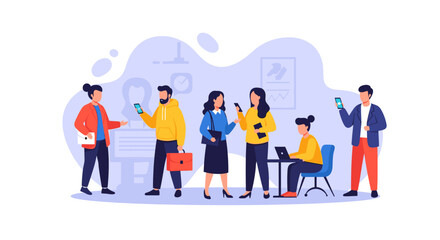 Diverse team collaborating, using smartphones and laptops, perfect for website landing page or business brochure.