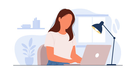 Woman working on laptop at home office, perfect for website banners or blog posts about remote work.