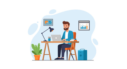 Smiling man working on laptop at home office, perfect for website banners or blog posts about remote work.