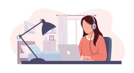 Woman working from home on laptop, wearing headphones. Perfect for blog posts, websites, or articles about remote work.