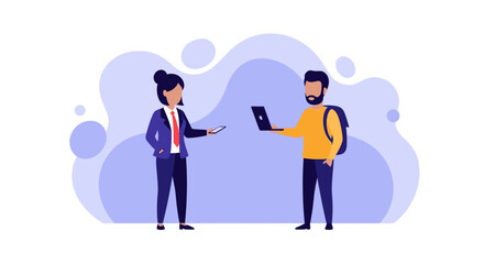 Businesswoman and man exchanging information; perfect for websites, presentations, and marketing materials.