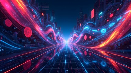 A vibrant, high-speed journey through a futuristic digital tunnel. Abstract light trails in red and blue symbolize data flow, internet speed, and virtual reality.