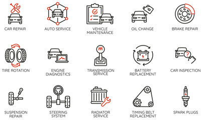 Vector set of linear icons related to automotive service, repair, maintenance, engine diagnostics for websites, mobile apps, infographics, car service, garages - part 1