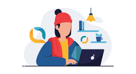 Woman working on laptop in cozy home office, perfect for website banners or blog posts.