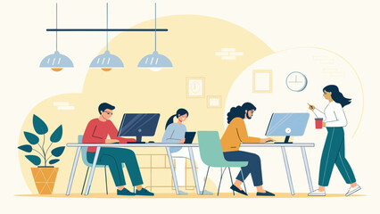 Teamwork in a modern office: Illustration perfect for websites, brochures, and presentations about collaboration and productivity.