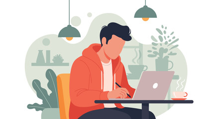 Young man working on laptop in a cafe, perfect for illustrating remote work, freelance, or digital nomad lifestyle.