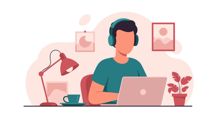 Person working from home on laptop, wearing headphones.  Perfect for blogs, websites, or articles about remote work.