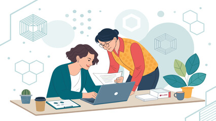 Two businesswomen collaborating on a project, perfect for website banners or marketing materials.