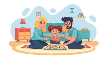 Happy family playing board game at home, perfect for family blogs and websites.