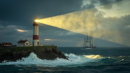 Lighthouse beam shining over ocean waves guiding ship at night coastal landscape scenery view