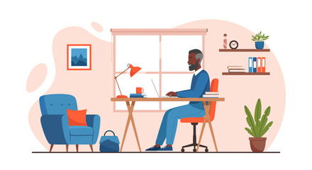 Smiling man working from home at his desk, perfect for illustrating remote work or freelance lifestyle articles.